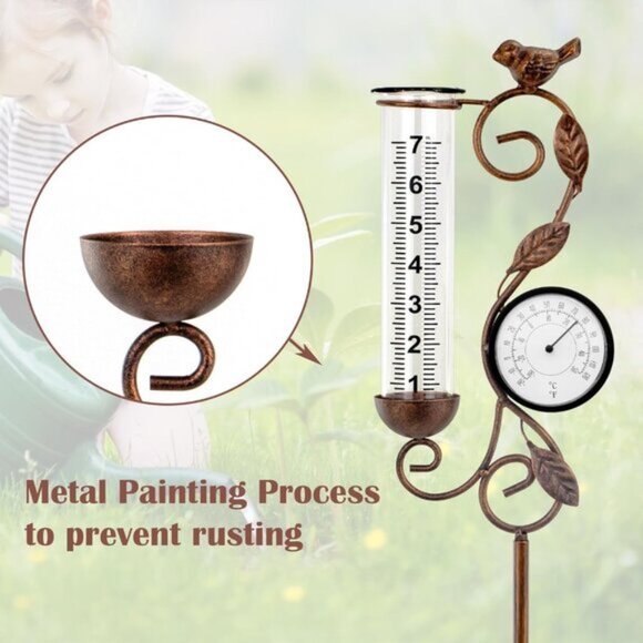 New Bronze Rain Gauge, 32" Outdoor Thermometer for Garden & Patio Decor - Picture 6 of 7